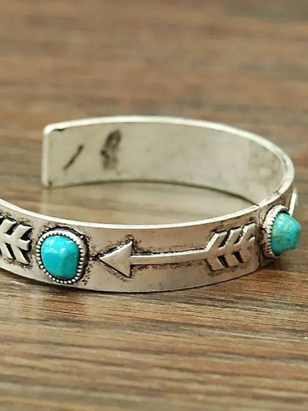 Turquoise Arrow Cuff Bracelet Western Boho Silver Tone Adjustable Bangle